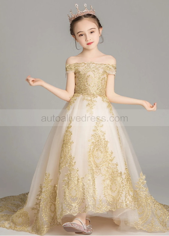 Off Shoulder Gold Lace Flower Girl Dress Birthday Girl Dress